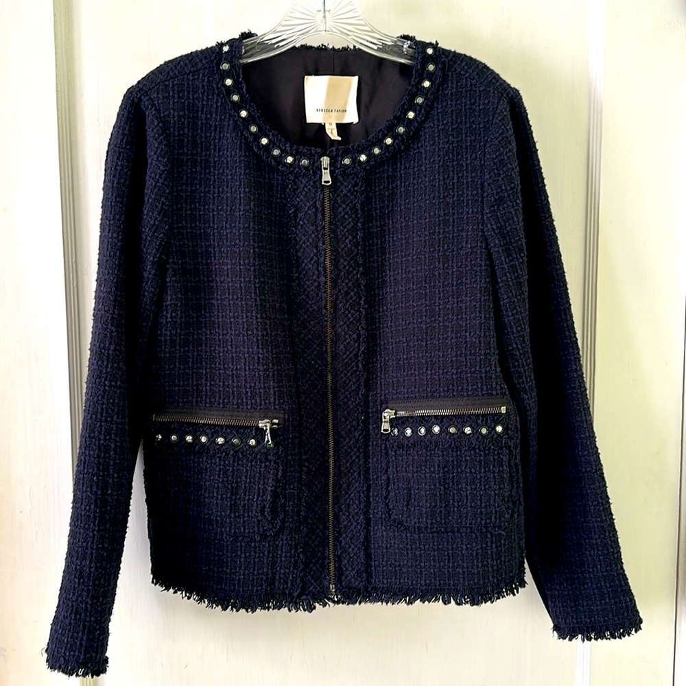 Rebecca Taylor Dark Navy & Black Tweed Wool Blend Blazer, Size 12